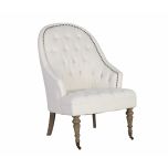 cream upholstered deco chair with deep buttoned detail, oak legs and castors, Château Collection 