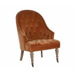 Deco chair upholstered in gold velour with deep buttoned detail, oak legs and castors Château Collection