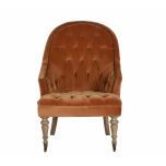 Deco chair upholstered in gold velour with deep buttoned detail, oak legs and castors Château Collection