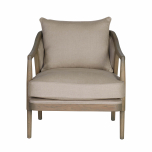 oak frame chair upholstered in linen with loose back cushion and seat