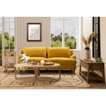 mission sofa in buttercup mustard fabric with wooden legs