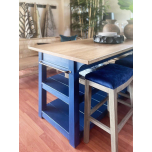 counter stool with oak legs and navy upholstery 