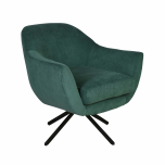 Swivel tub chair with black metal legs upholstered in a green fabric. 