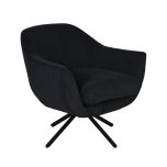 Swivel tub chair with black metal legs upholstered in a charcoal fabric.