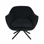 Swivel tub chair with black metal legs upholstered in a charcoal fabric. 