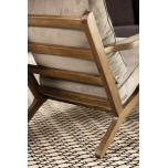 Wooden frame lounge chair with loose cushions upholstered in a grey fabric.