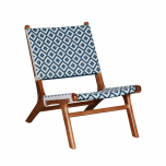 blue and white lazy lounge chair with teak frame