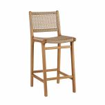 Outdoor barstool with teak frame and synthetic weave