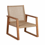 Outdoor lounge chair with teak frame and synthetic rope weave