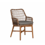 teak and synthetic rattan outdoor armchair with seat cushion