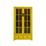 yellow lacquered chinese cabinet with glass doors