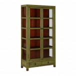 Olive green lacquered display cabinet with glass doors