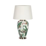 Ceramic lamp base with Parrot print and cream shade. 