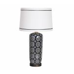 Blue geometric ceramic lamp base with white shade 