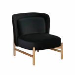 upholstered modern chair in black velvet atop wooden frame and legs