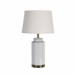 Tiling geometric pattern on cylinder white base and metal trim with white lampshade