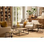 Glass and wood square coffee table with metal frame