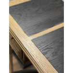 Block and chisel solid weathered oak desk with black inlay
