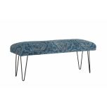 blue and white bench with metal legs