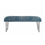 blue and white bench with metal legs