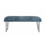 blue and white bench with metal legs