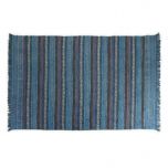 blue and red printed rug with fringe 