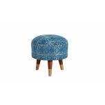 blue upholstered stool with 3 legs