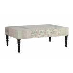 green and grey upholstered ottoman with wooden legs