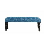 indigo upholstered bench with wooden legs