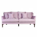 3 seater fully upholstered sofa in lilac fabric with loose back cushions on queen anne wooden legs.