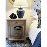 blue and grey woolen rug with tassels