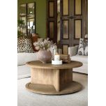 round wooden coffee table with rattan inlay