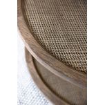 round wooden coffee table with rattan inlay