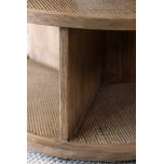 round wooden coffee table with rattan inlay