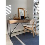 Block & Chisel beige linen upholstered dining chair with oak wood legs