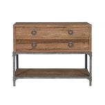 2 drawer metal and wood console with bottom shelf