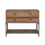 2 drawer metal and wood console with bottom shelf