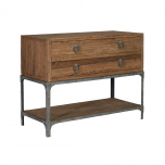 2 drawer metal and wood console with bottom shelf
