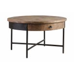 round elm coffee table with metal cross base