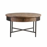 round elm coffee table with metal cross base