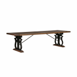 dining table with black metal base and elm wood top 