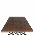 dining table with black metal base and elm wood top 
