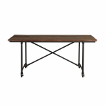 industrial style dining table with metal legs and wood top.