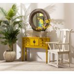 yellow lacquered asian inspired console