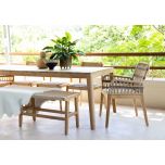 Outdoor dining armchair with teak frame and synthetic rope weave