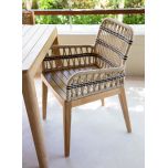 Outdoor dining armchair with teak frame and synthetic rope weave