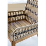 Outdoor dining armchair with teak frame and synthetic rope weave