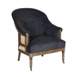 Deconstructed occasional chair with castors, upholstered in charcoal fabric