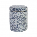 blue and white ceramic jar with lid circle design 