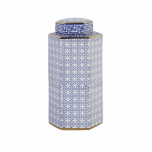 blue and white geometric ceramic jar 